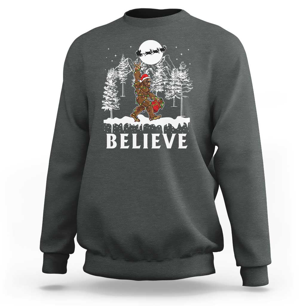 Bigfoot Christmas Tree Lights Sweatshirt Believe Rock On Sasquatch Santa Hat - Wonder Print Shop