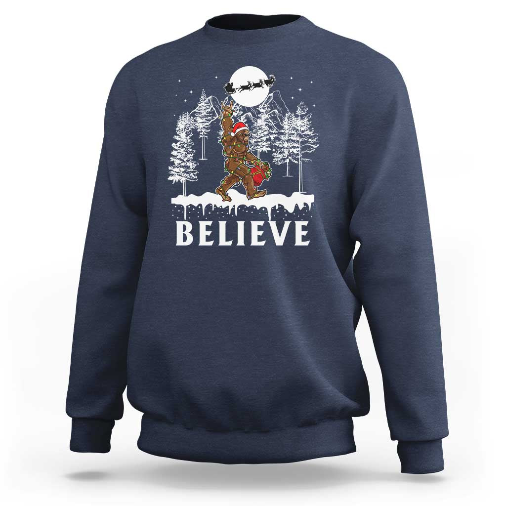 Bigfoot Christmas Tree Lights Sweatshirt Believe Rock On Sasquatch Santa Hat - Wonder Print Shop