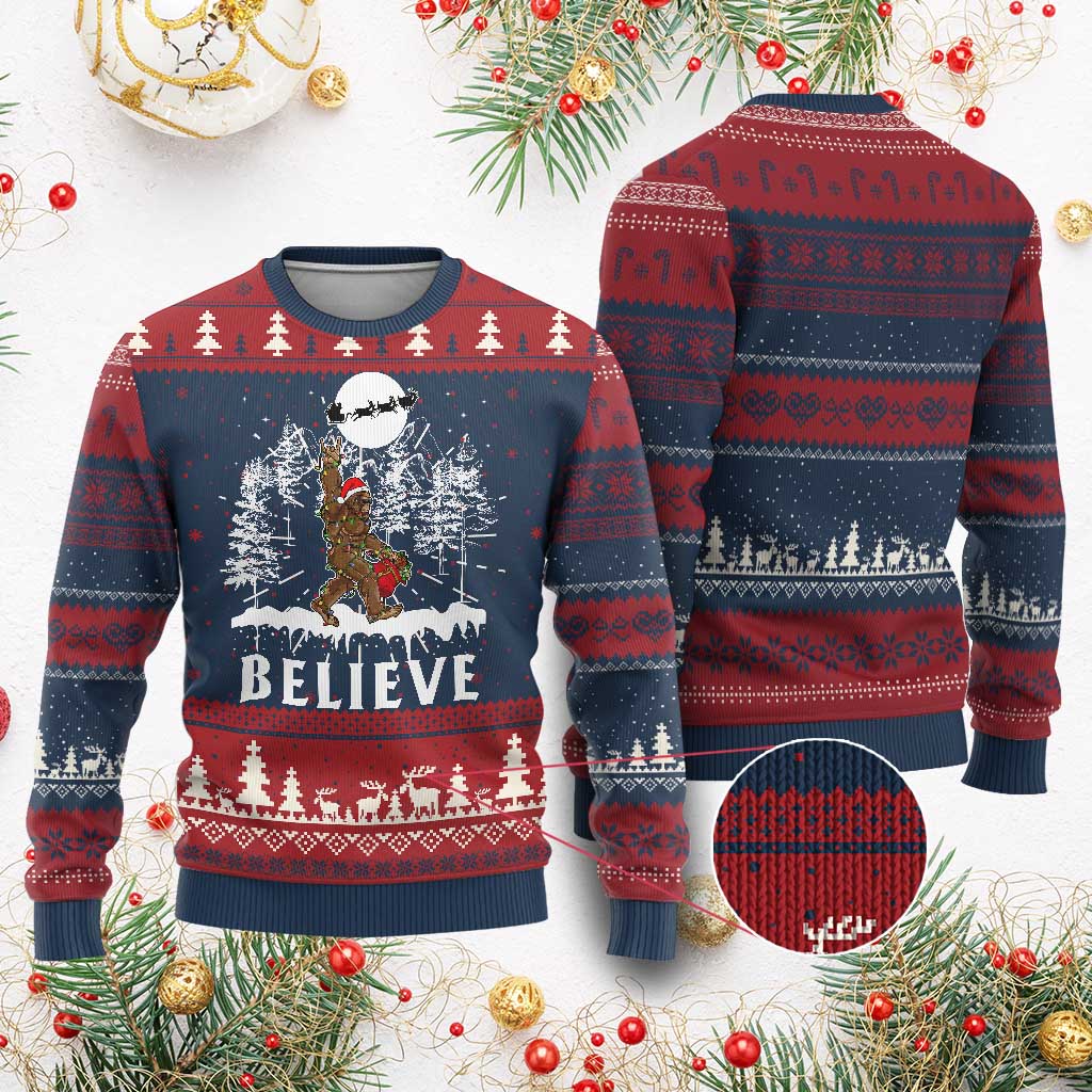 Bigfoot Christmas Tree Lights Ugly Christmas Sweater Believe Rock On Sasquatch Santa Hat - Wonder Print Shop