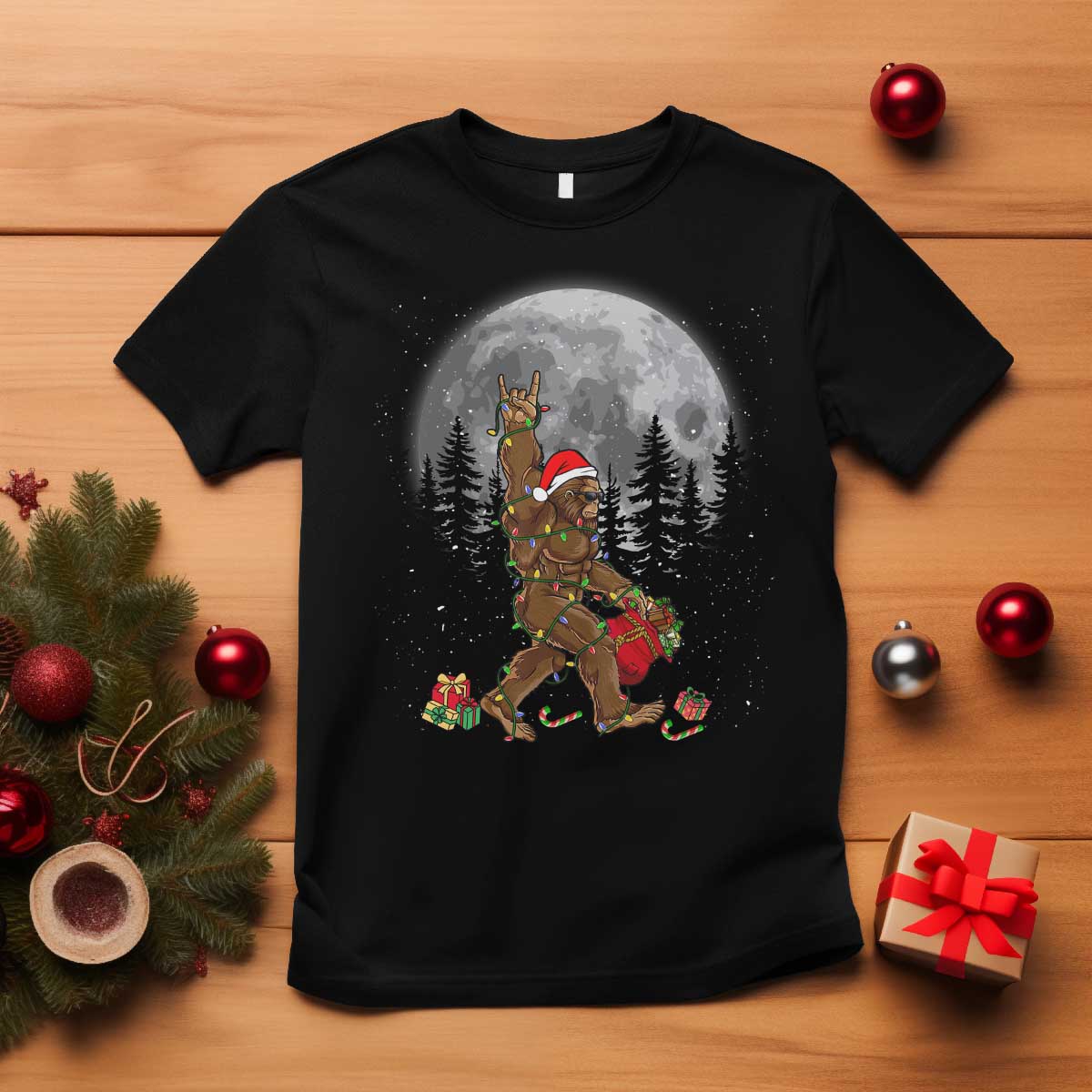 Bigfoot Christmas Tree Lights T Shirt Believe Bigfoot Santa Hat Sasquatch Loves Rock On - Wonder Print Shop
