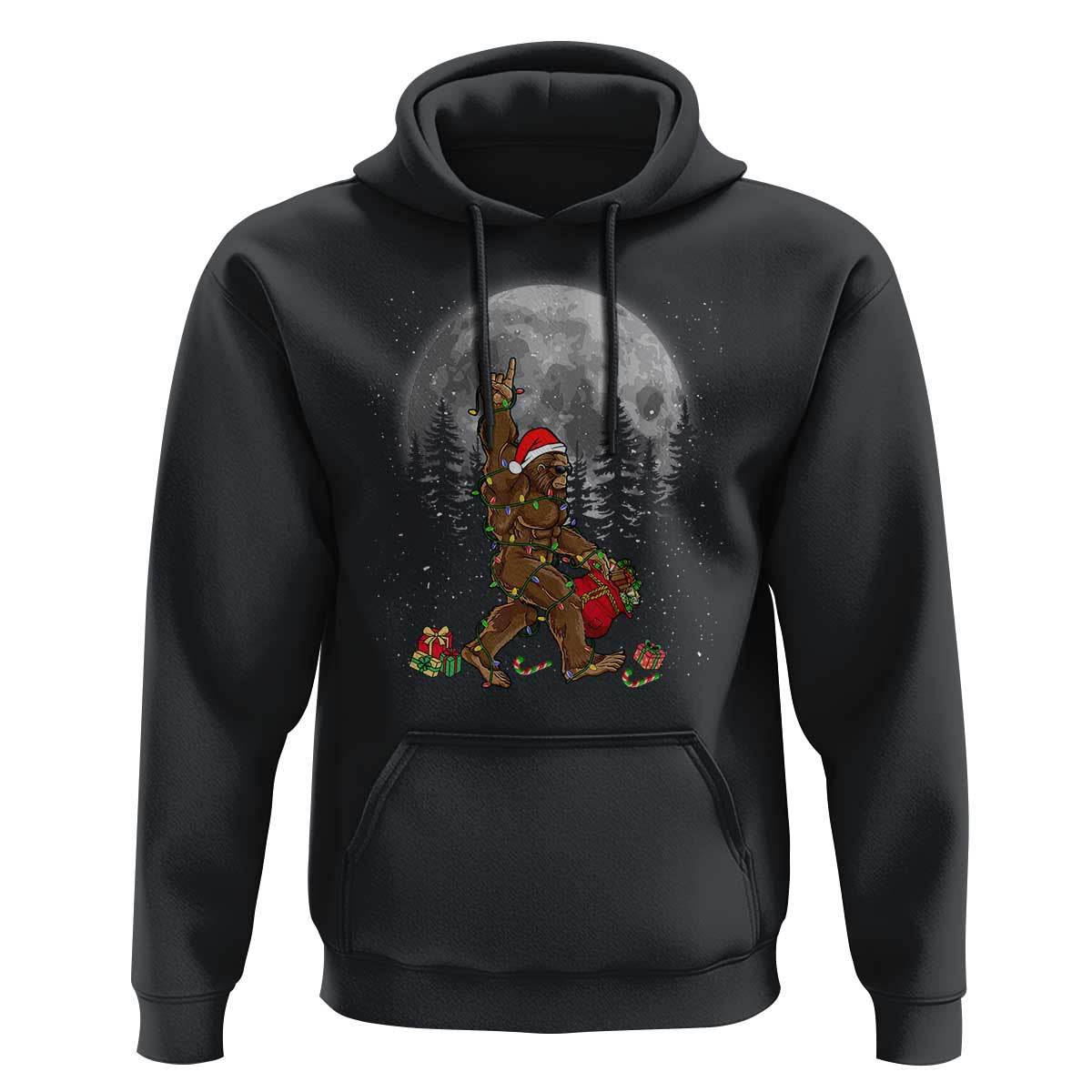 Bigfoot Christmas Tree Lights Hoodie Believe Bigfoot Santa Hat Sasquatch Loves Rock On
