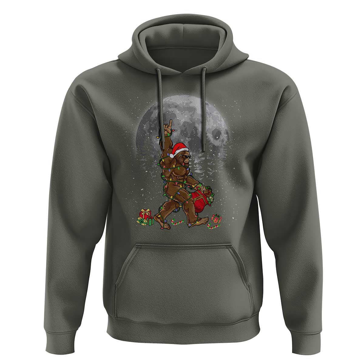 Bigfoot Christmas Tree Lights Hoodie Believe Bigfoot Santa Hat Sasquatch Loves Rock On