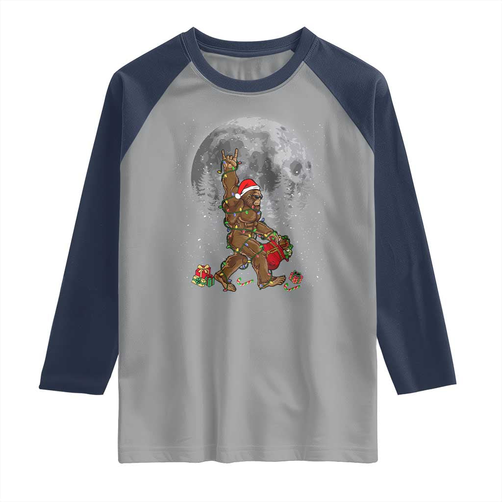 Bigfoot Christmas Tree Lights Raglan Shirt Believe Bigfoot Santa Hat Sasquatch Loves Rock On
