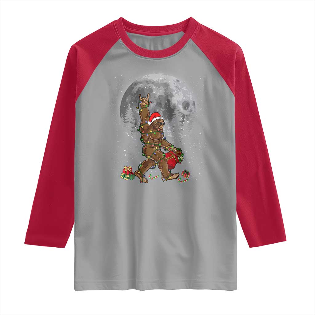 Bigfoot Christmas Tree Lights Raglan Shirt Believe Bigfoot Santa Hat Sasquatch Loves Rock On