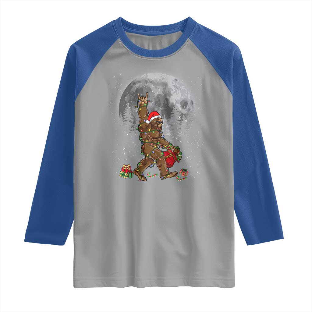 Bigfoot Christmas Tree Lights Raglan Shirt Believe Bigfoot Santa Hat Sasquatch Loves Rock On