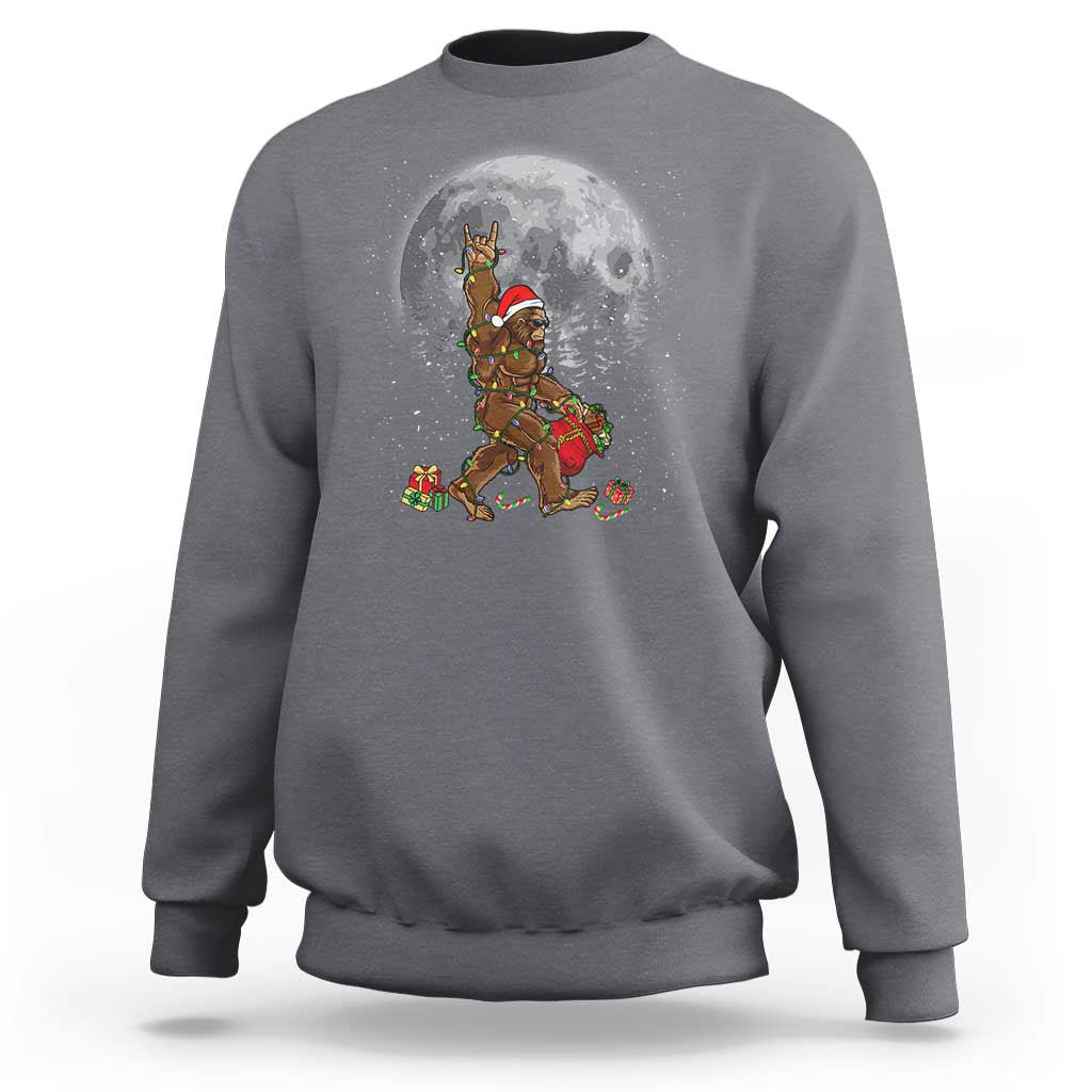 Bigfoot Christmas Tree Lights Sweatshirt Believe Bigfoot Santa Hat Sasquatch Loves Rock On - Wonder Print Shop