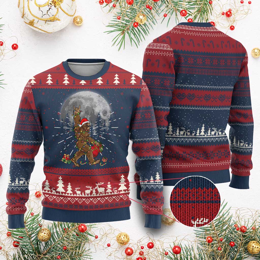 Bigfoot Christmas Tree Lights Ugly Christmas Sweater Believe Bigfoot Santa Hat Sasquatch Loves Rock On - Wonder Print Shop