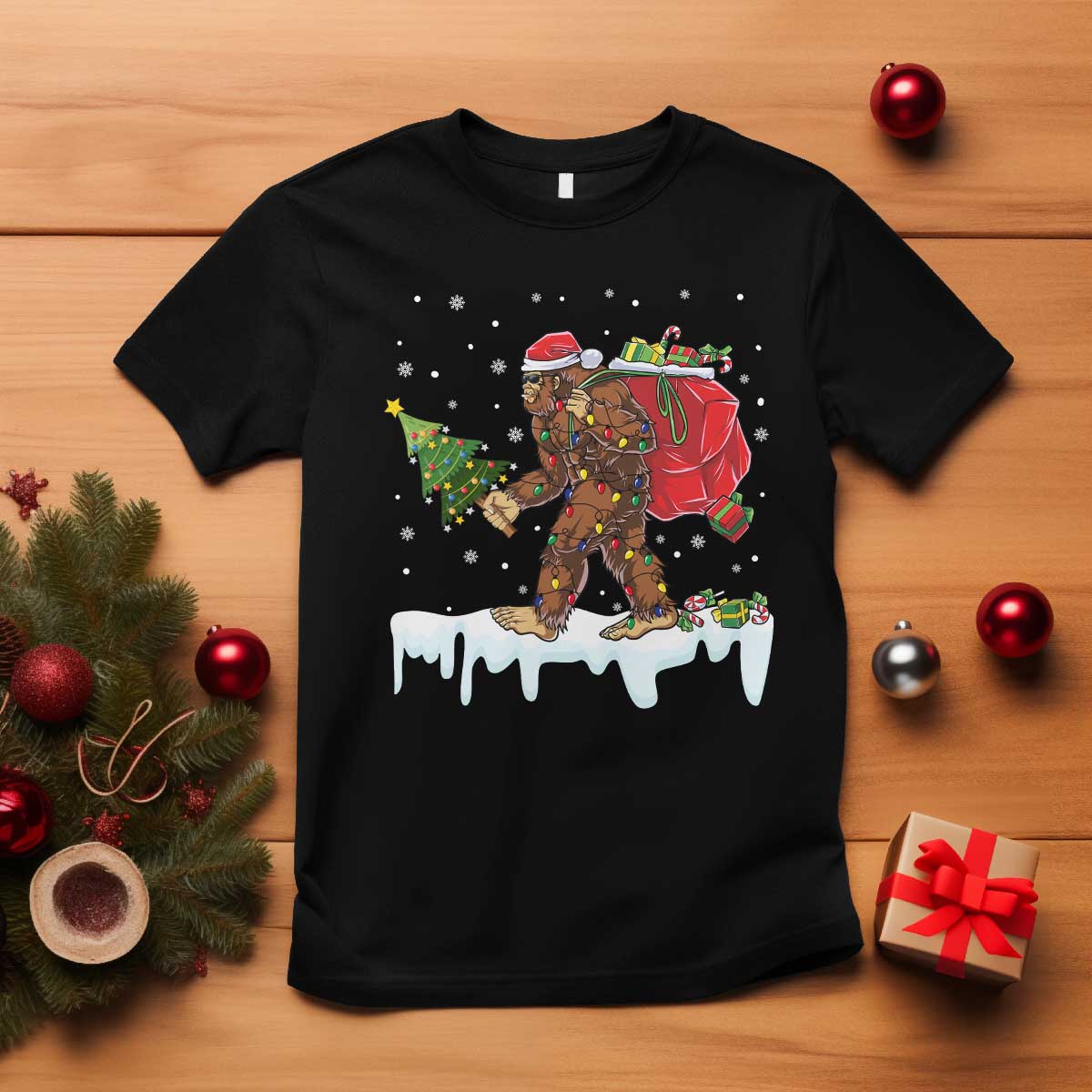 Bigfoot Christmas Tree Lights T Shirt Believe Xmas Sasquatch Lovers Funny - Wonder Print Shop