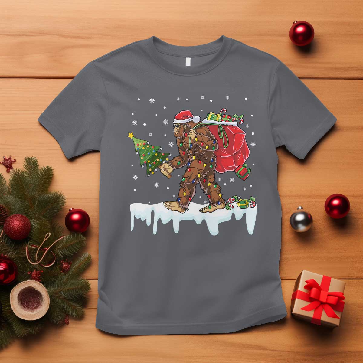 Bigfoot Christmas Tree Lights T Shirt Believe Xmas Sasquatch Lovers Funny - Wonder Print Shop
