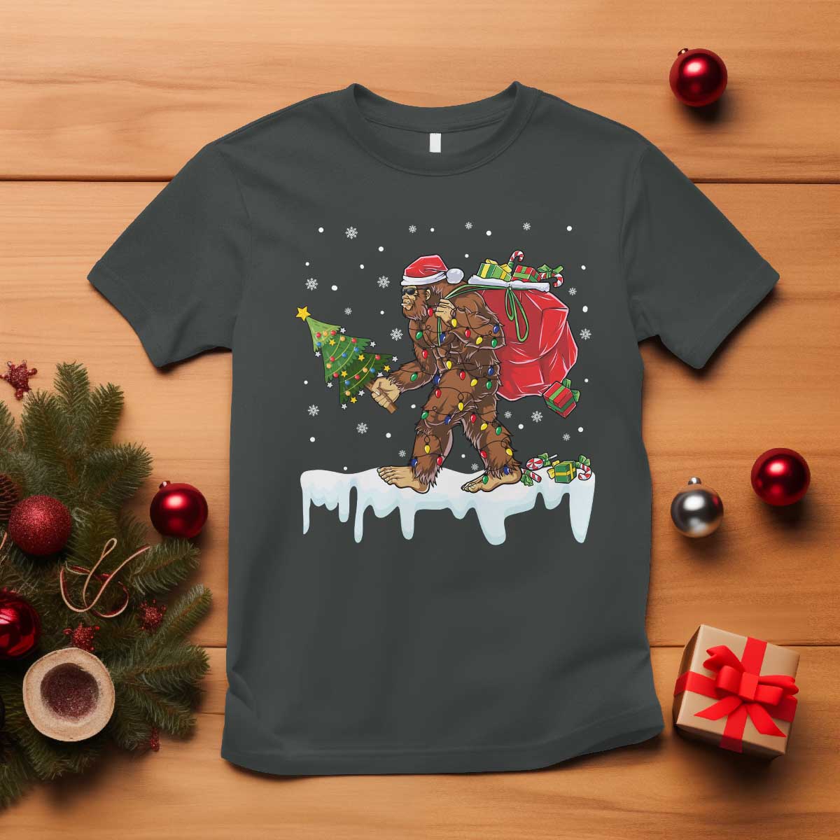 Bigfoot Christmas Tree Lights T Shirt Believe Xmas Sasquatch Lovers Funny - Wonder Print Shop
