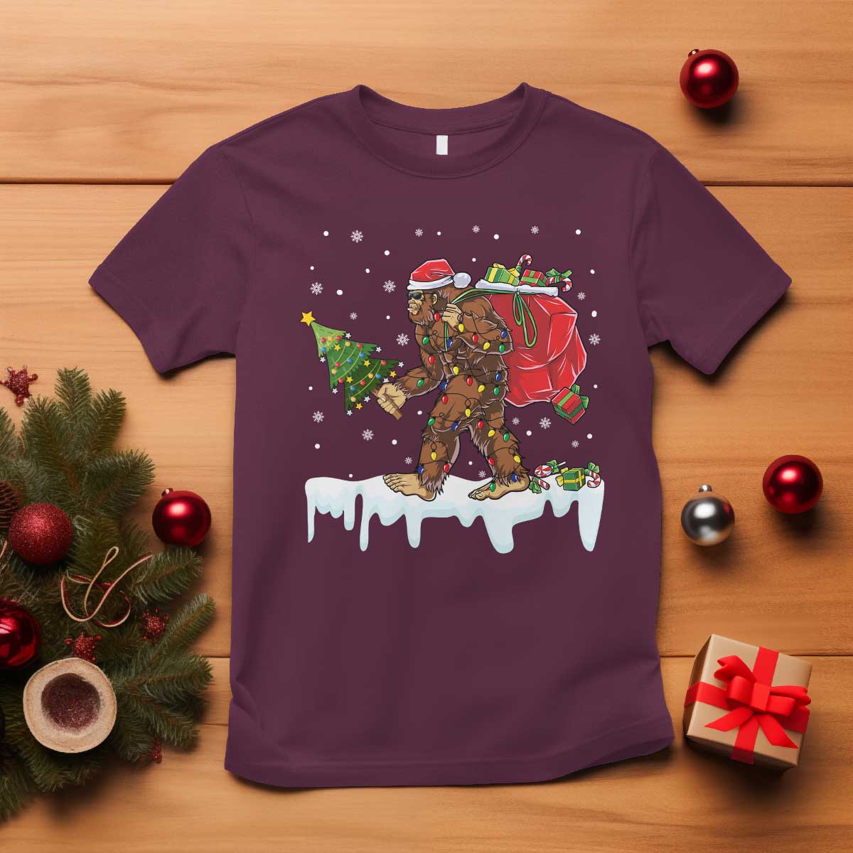 Bigfoot Christmas Tree Lights T Shirt Believe Xmas Sasquatch Lovers Funny - Wonder Print Shop