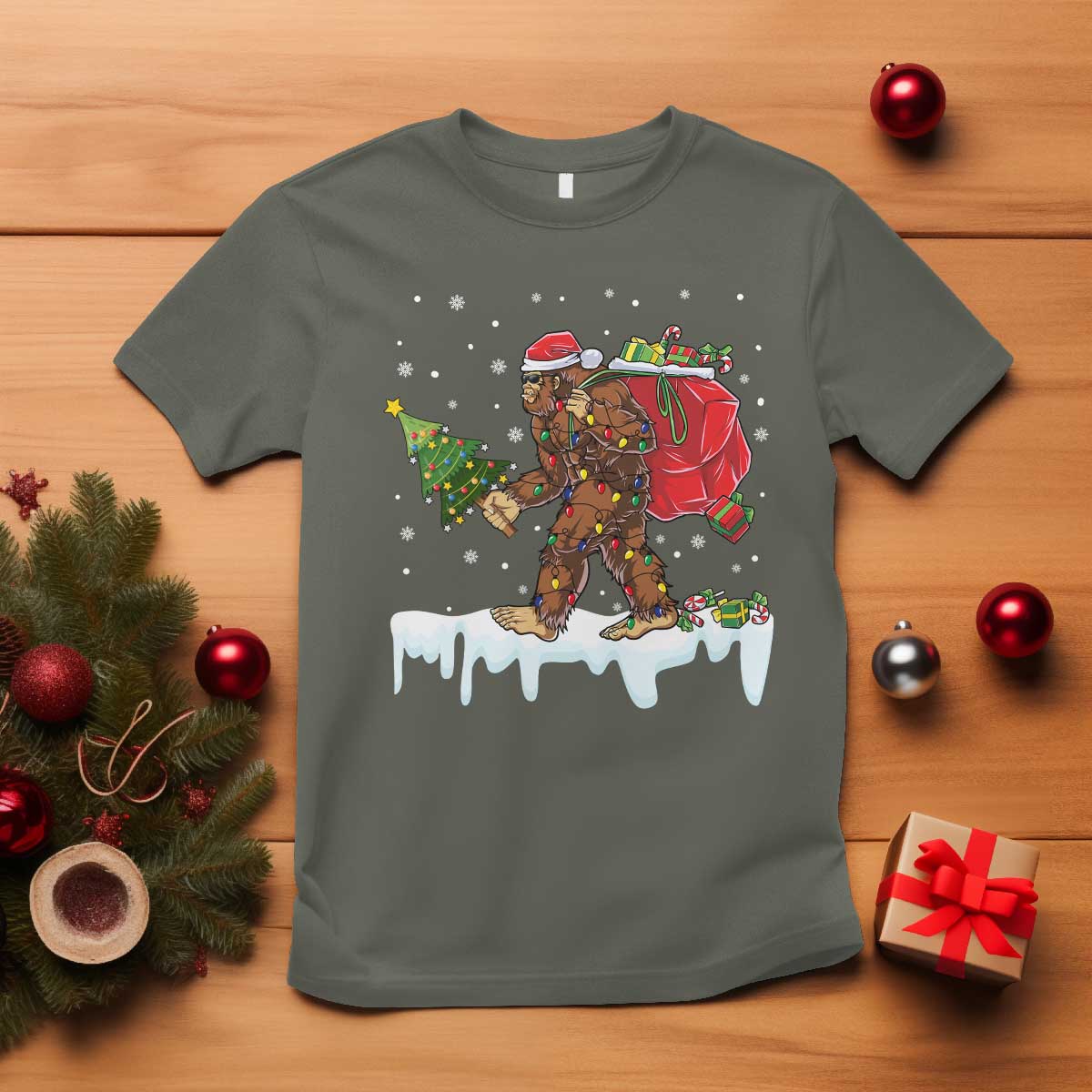 Bigfoot Christmas Tree Lights T Shirt Believe Xmas Sasquatch Lovers Funny - Wonder Print Shop