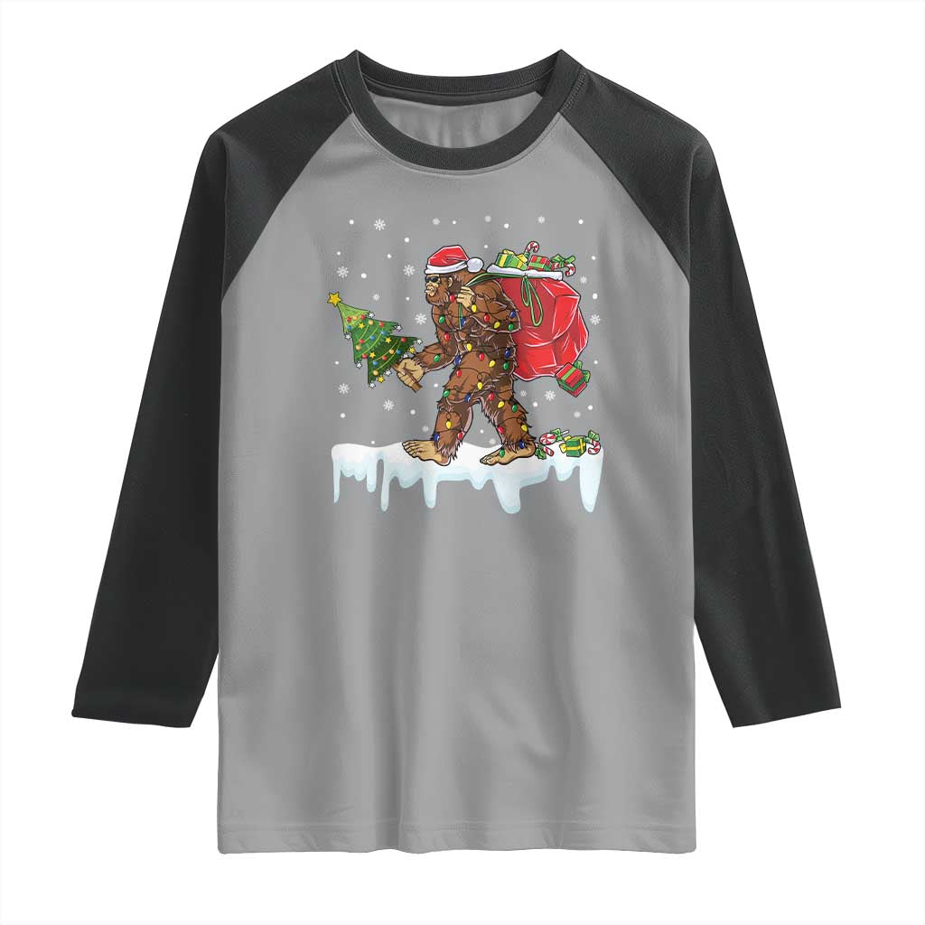 Bigfoot Christmas Tree Lights Raglan Shirt Believe Xmas Sasquatch Lovers Funny