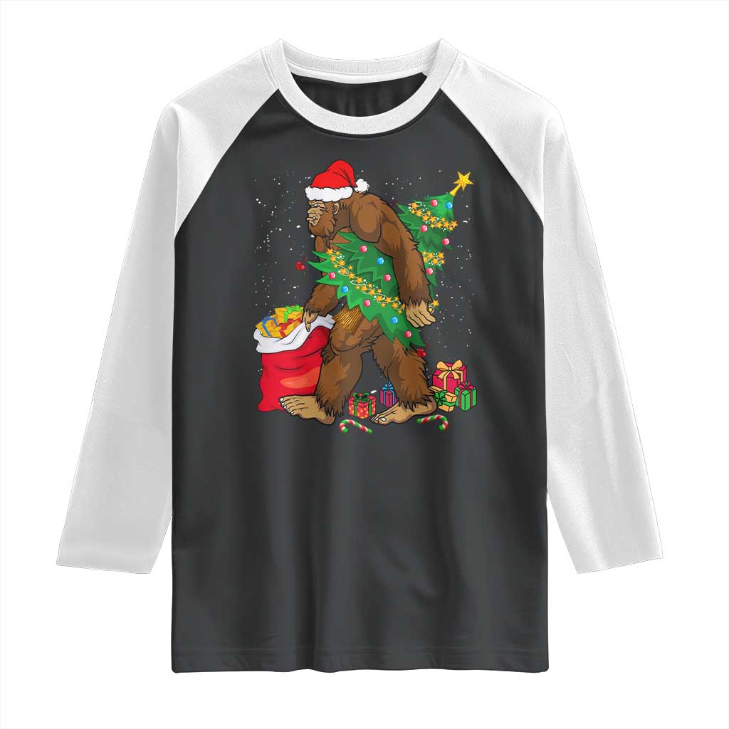 Bigfoot Christmas Raglan Shirt Believe Sasquatch Lovers Xmas Tree Lights