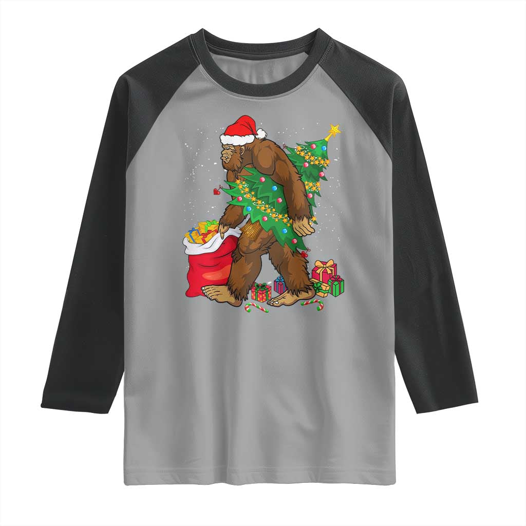 Bigfoot Christmas Raglan Shirt Believe Sasquatch Lovers Xmas Tree Lights