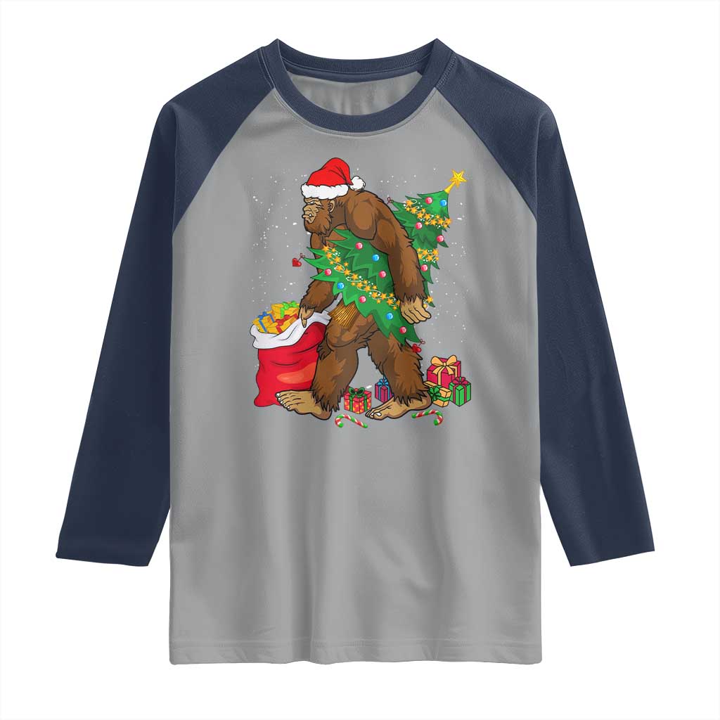 Bigfoot Christmas Raglan Shirt Believe Sasquatch Lovers Xmas Tree Lights