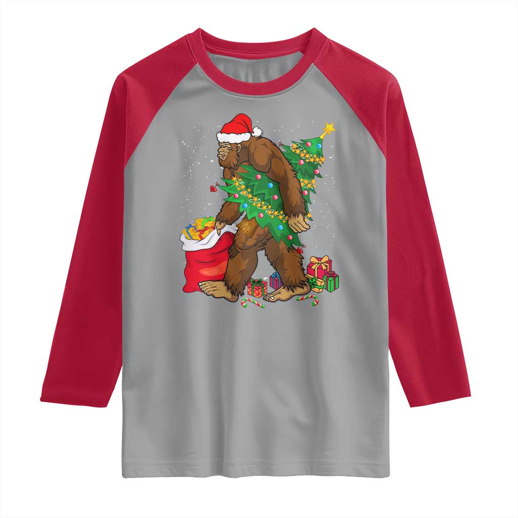 Bigfoot Christmas Raglan Shirt Believe Sasquatch Lovers Xmas Tree Lights