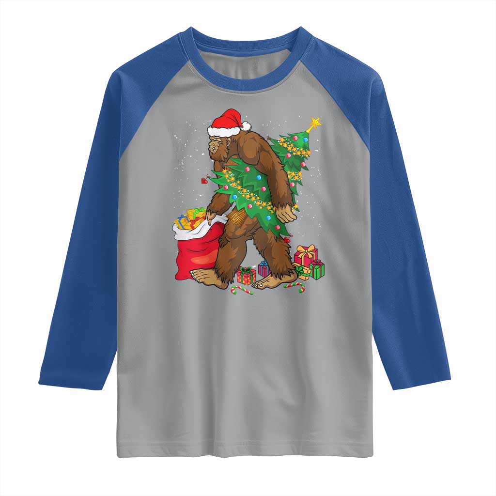 Bigfoot Christmas Raglan Shirt Believe Sasquatch Lovers Xmas Tree Lights