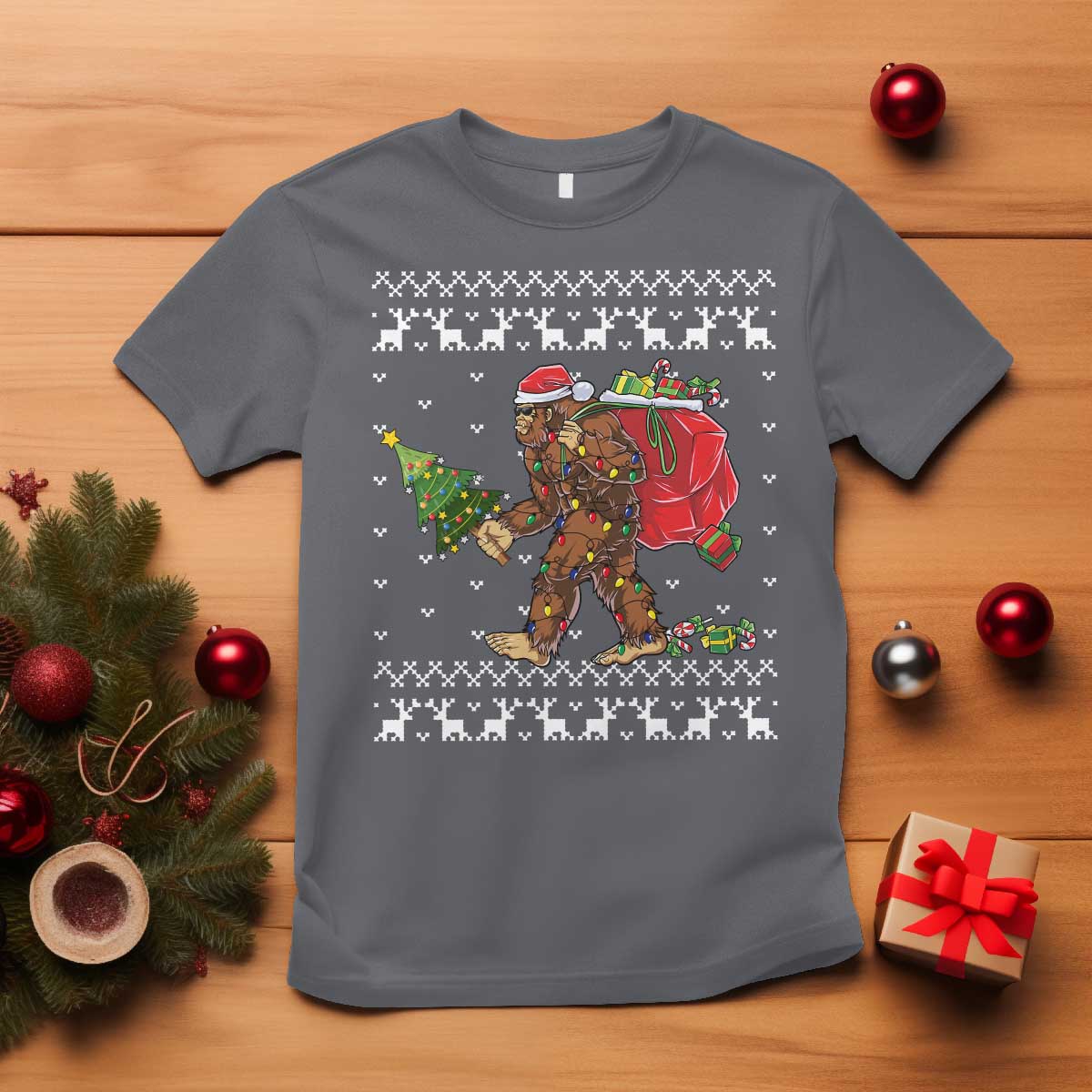 Funny Bigfoot Christmas T Shirt Believe Bigfoot Santa Hat Sasquatch Loves Rock On - Wonder Print Shop