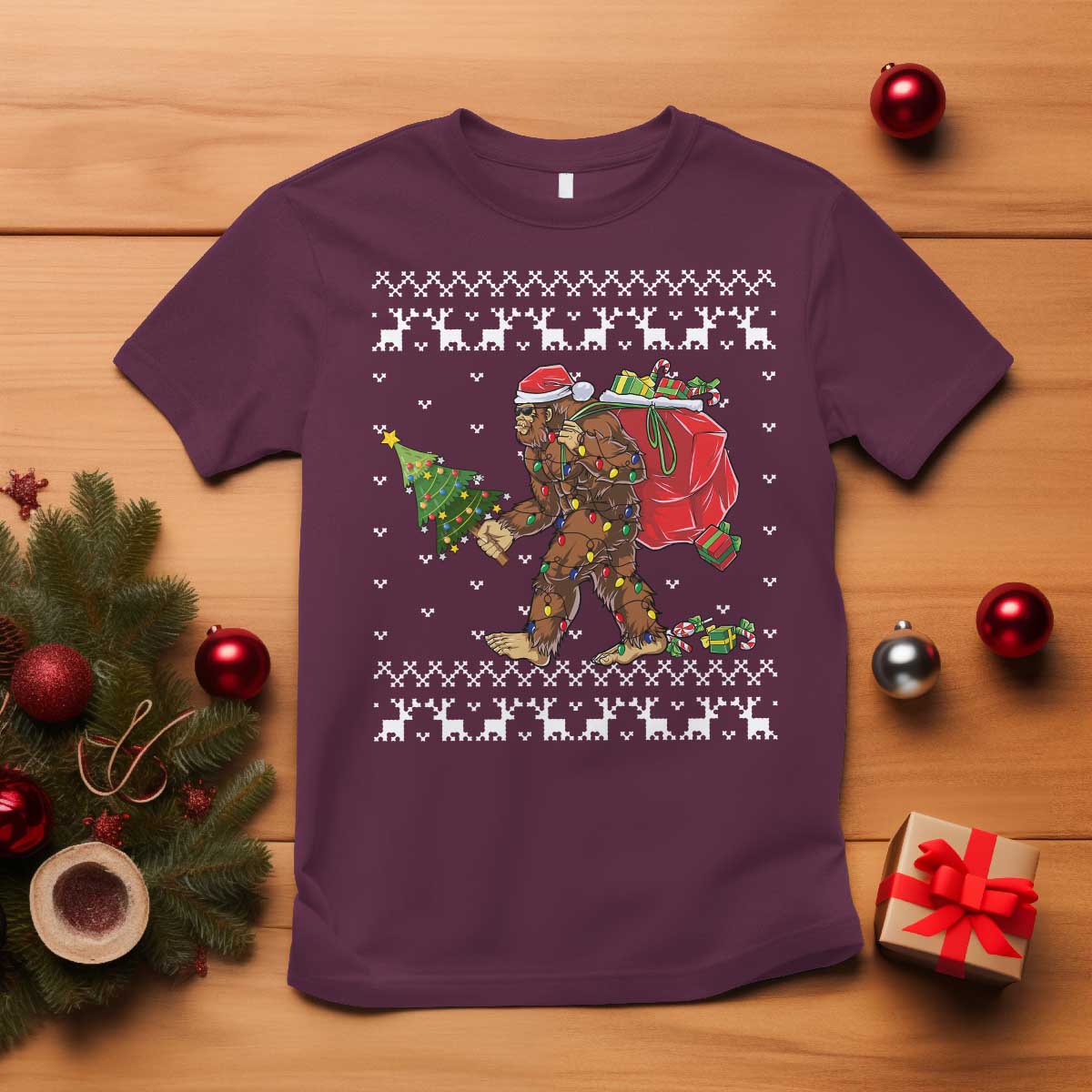 Funny Bigfoot Christmas T Shirt Believe Bigfoot Santa Hat Sasquatch Loves Rock On - Wonder Print Shop