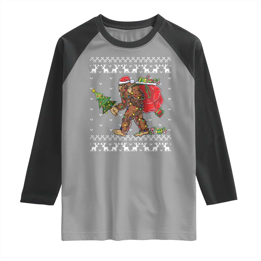 Funny Bigfoot Christmas Raglan Shirt Believe Bigfoot Santa Hat Sasquatch Loves Rock On