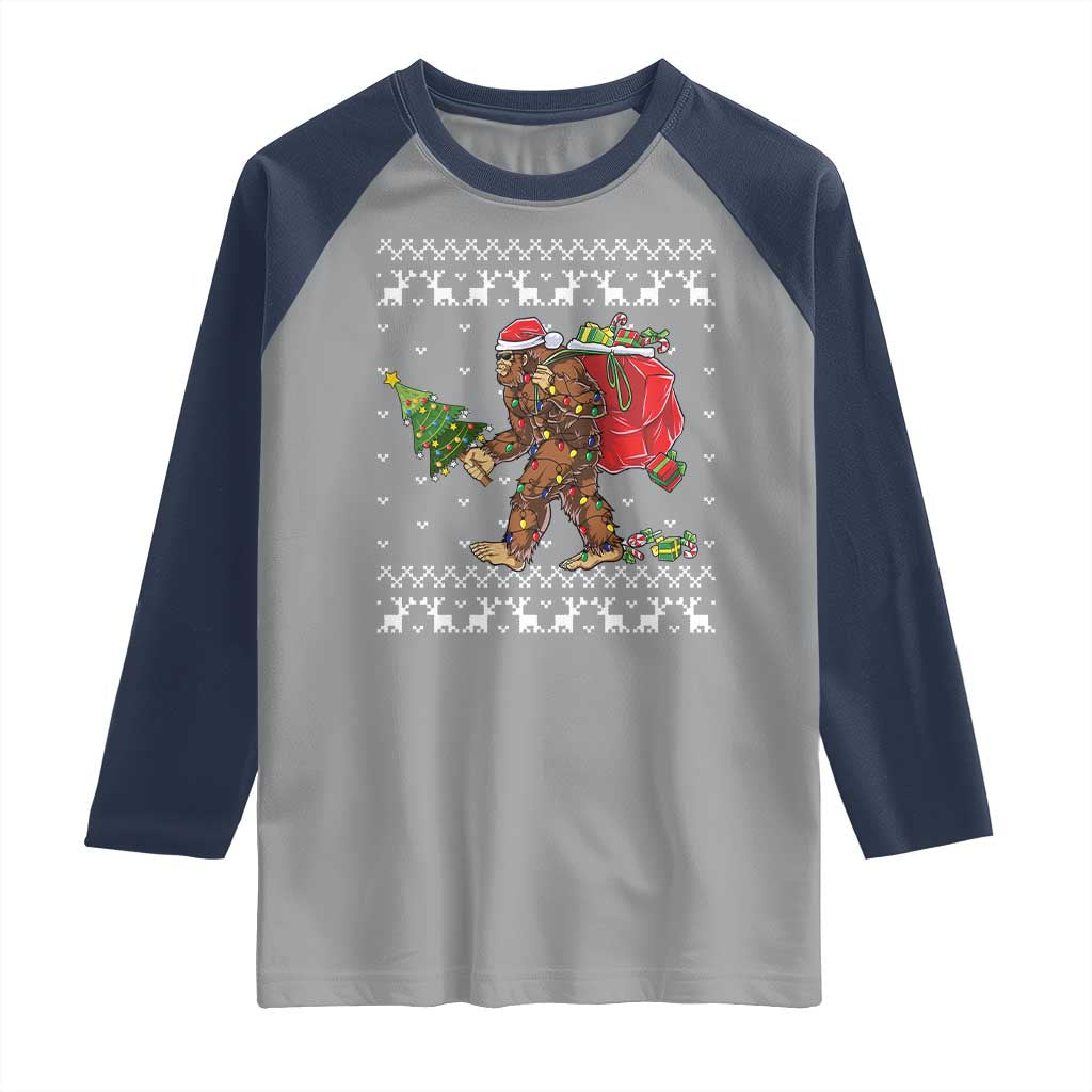 Funny Bigfoot Christmas Raglan Shirt Believe Bigfoot Santa Hat Sasquatch Loves Rock On