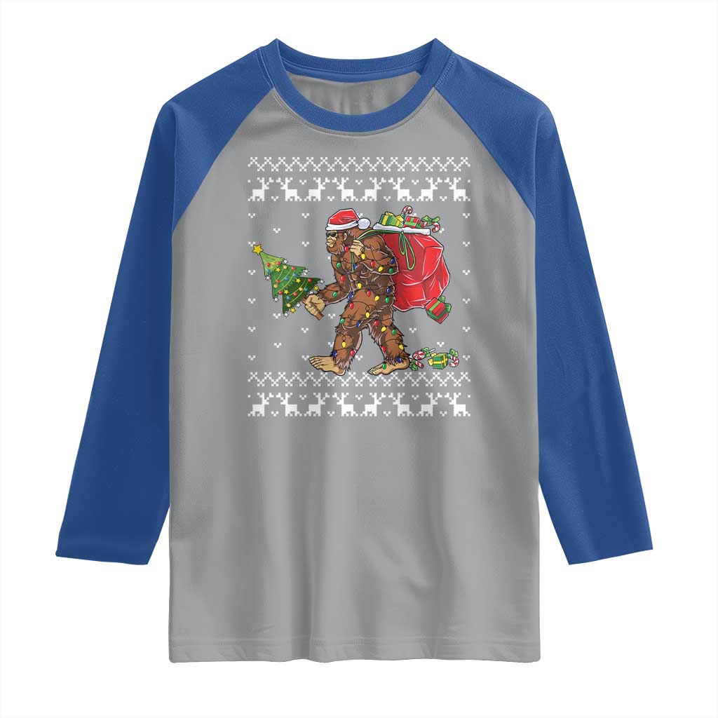 Funny Bigfoot Christmas Raglan Shirt Believe Bigfoot Santa Hat Sasquatch Loves Rock On