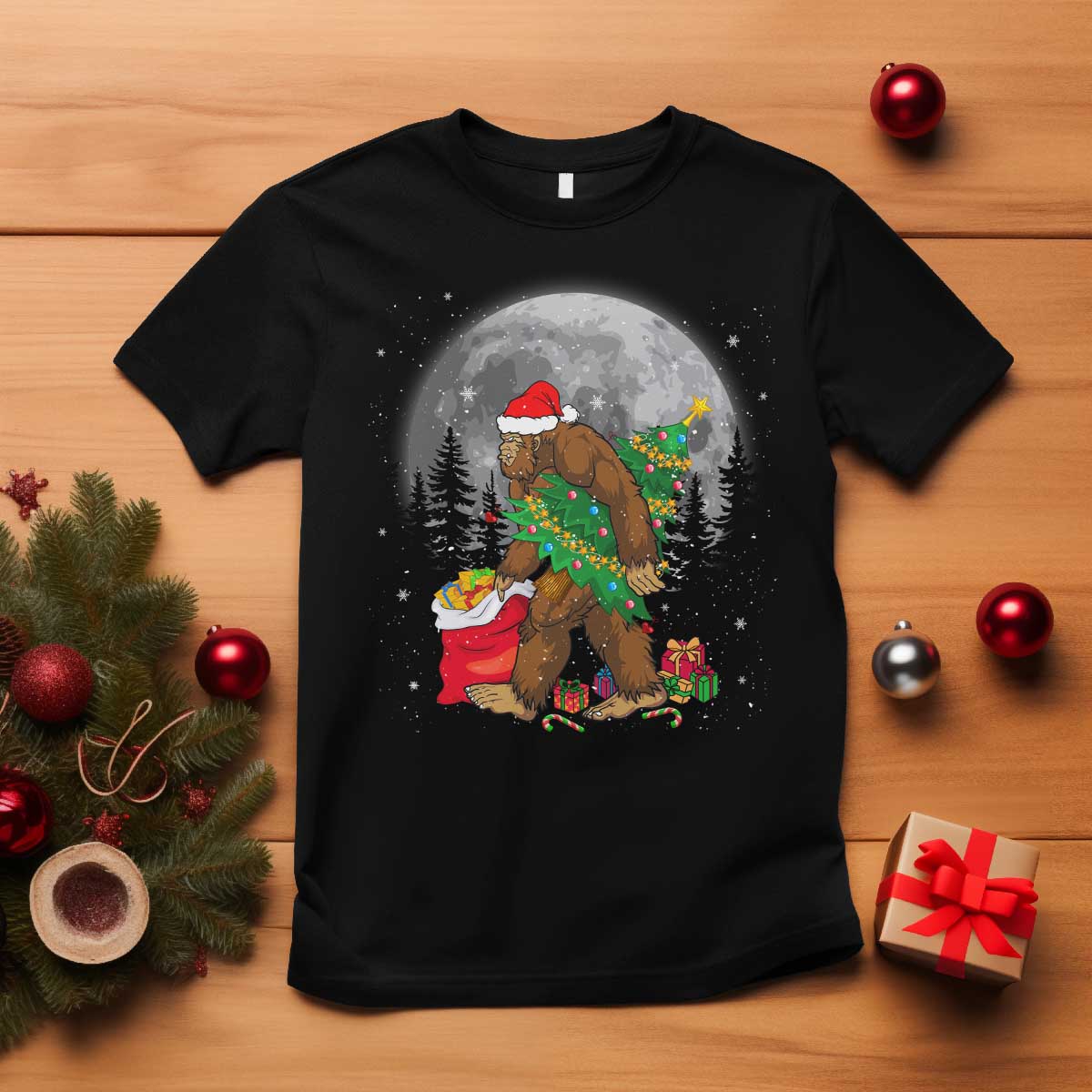 Bigfoot Christmas  Tree Lights T Shirt Believe Xmas Sasquatch Lovers Ugly Gift - Wonder Print Shop