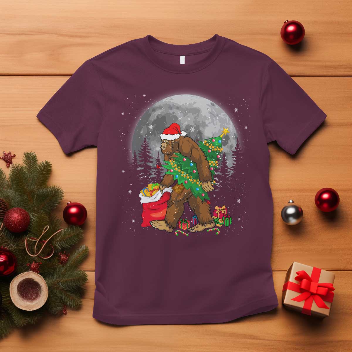 Bigfoot Christmas  Tree Lights T Shirt Believe Xmas Sasquatch Lovers Ugly Gift - Wonder Print Shop