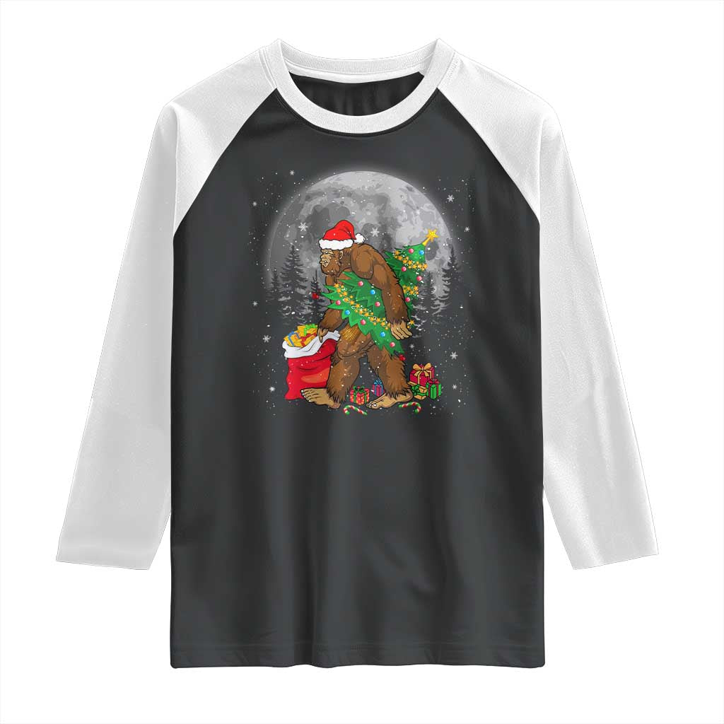 Bigfoot Christmas  Tree Lights Raglan Shirt Believe Xmas Sasquatch Lovers Ugly Gift