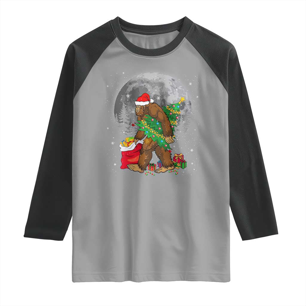 Bigfoot Christmas  Tree Lights Raglan Shirt Believe Xmas Sasquatch Lovers Ugly Gift