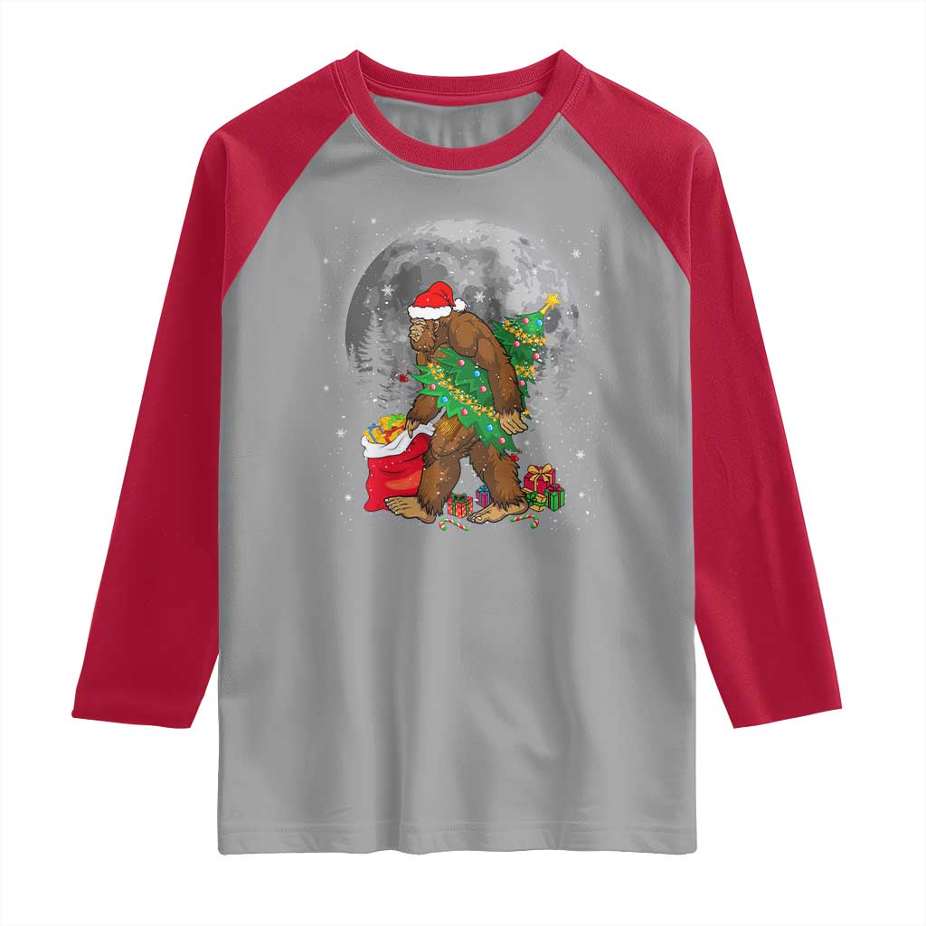 Bigfoot Christmas  Tree Lights Raglan Shirt Believe Xmas Sasquatch Lovers Ugly Gift