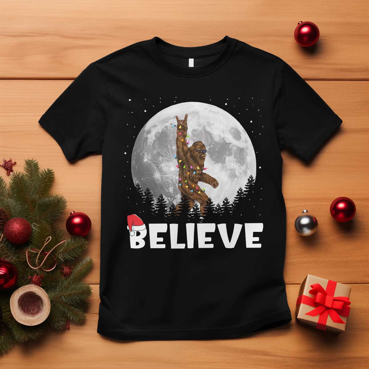 Funny Bigfoot Christmas T Shirt Cool Full Moon & Trees Sasquatch Xmas Lights - Wonder Print Shop
