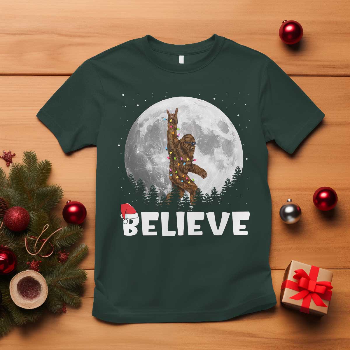 Funny Bigfoot Christmas T Shirt Cool Full Moon & Trees Sasquatch Xmas Lights - Wonder Print Shop