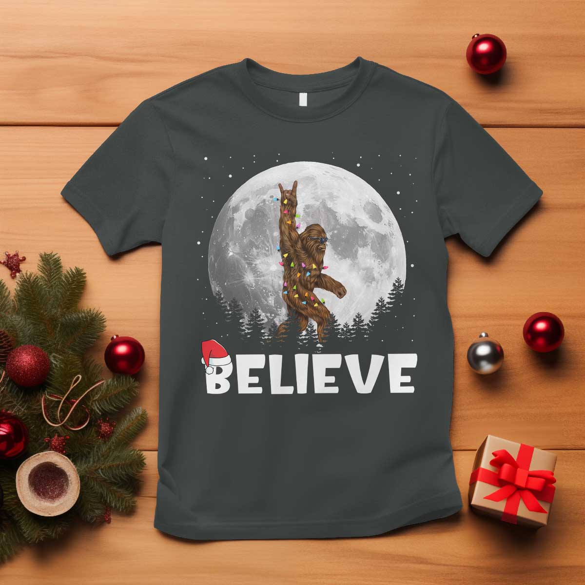 Funny Bigfoot Christmas T Shirt Cool Full Moon & Trees Sasquatch Xmas Lights - Wonder Print Shop