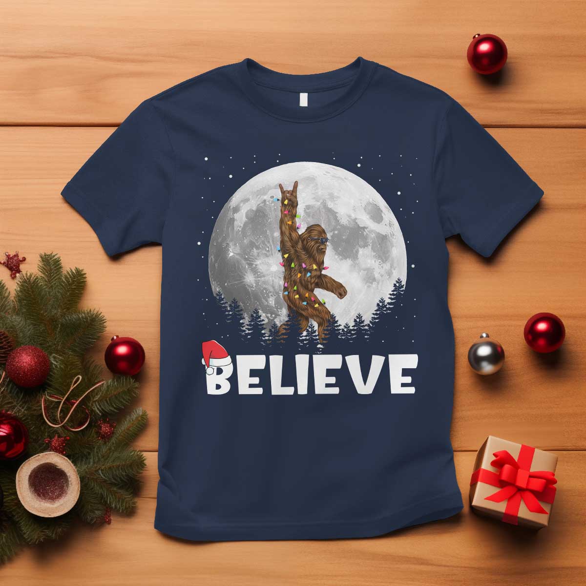 Funny Bigfoot Christmas T Shirt Cool Full Moon & Trees Sasquatch Xmas Lights - Wonder Print Shop