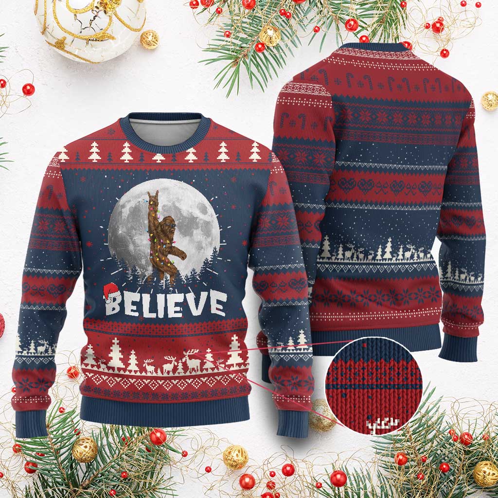 Funny Bigfoot Ugly Christmas Sweater Cool Full Moon & Trees Sasquatch Xmas Lights - Wonder Print Shop