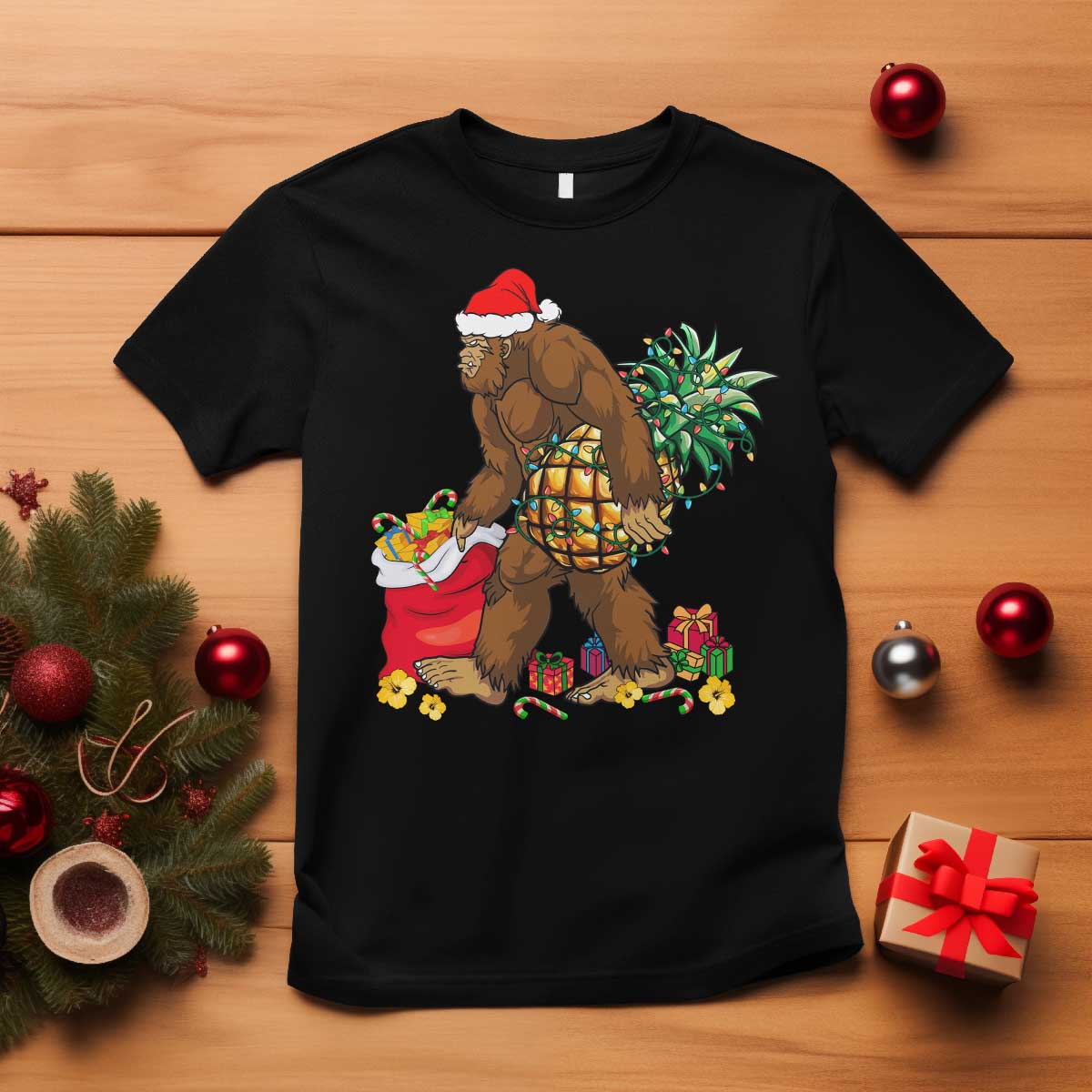 Bigfoot Christmas T Shirt Pineapple Tree Lights Funny Hawaiian Xmas Sasquatch Lovers - Wonder Print Shop