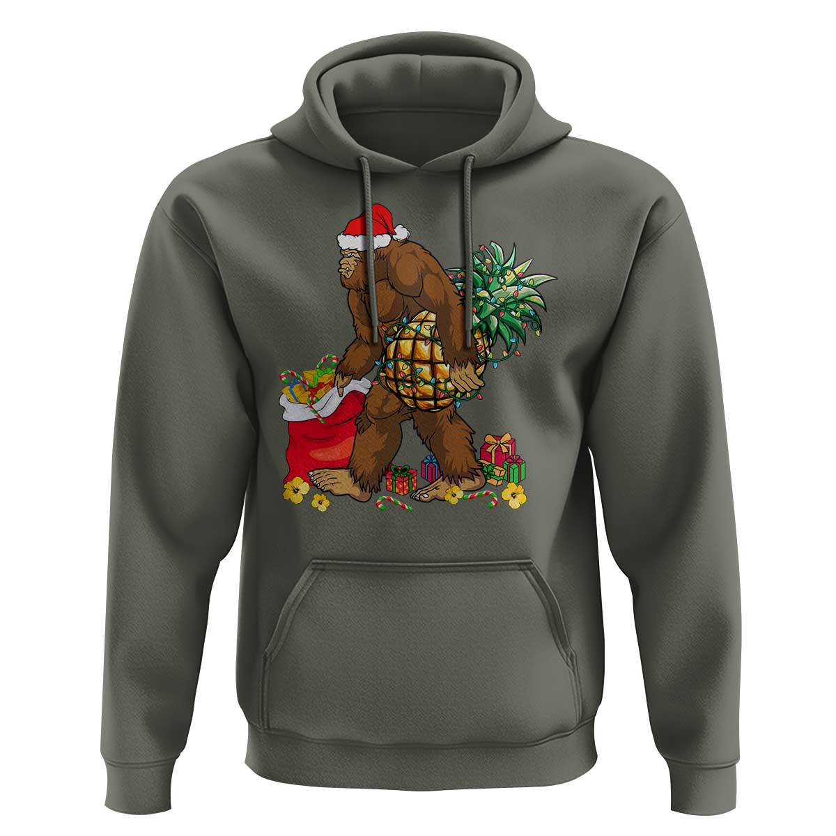 Bigfoot Christmas Hoodie Pineapple Tree Lights Funny Hawaiian Xmas Sasquatch Lovers
