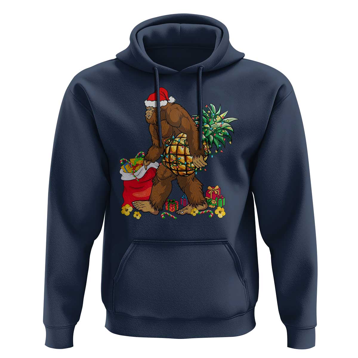 Bigfoot Christmas Hoodie Pineapple Tree Lights Funny Hawaiian Xmas Sasquatch Lovers