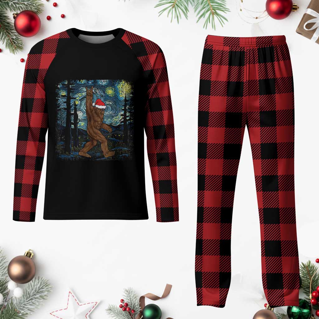 Bigfoot Starry Night Plaid Pajama Set Sasquatch Santa Hat Sasquatch Van Gogh Sky Painting Art Xmas Gift - Wonder Print Shop