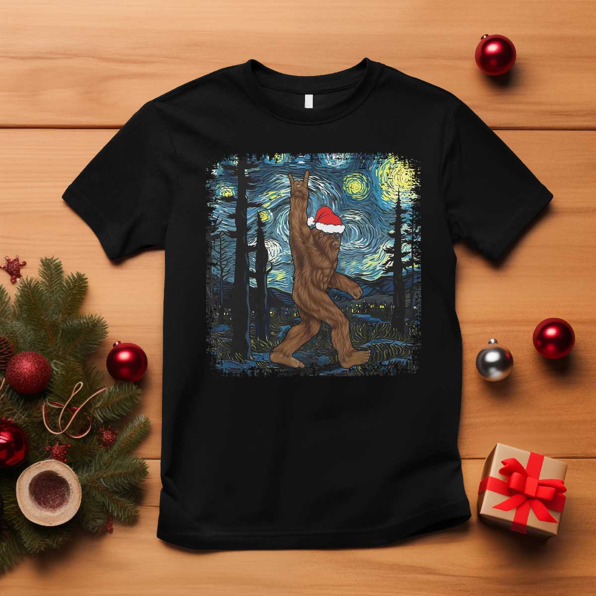 Christmas Bigfoot Starry Night T Shirt Sasquatch Santa Hat Sasquatch Van Gogh Sky Painting Art - Wonder Print Shop