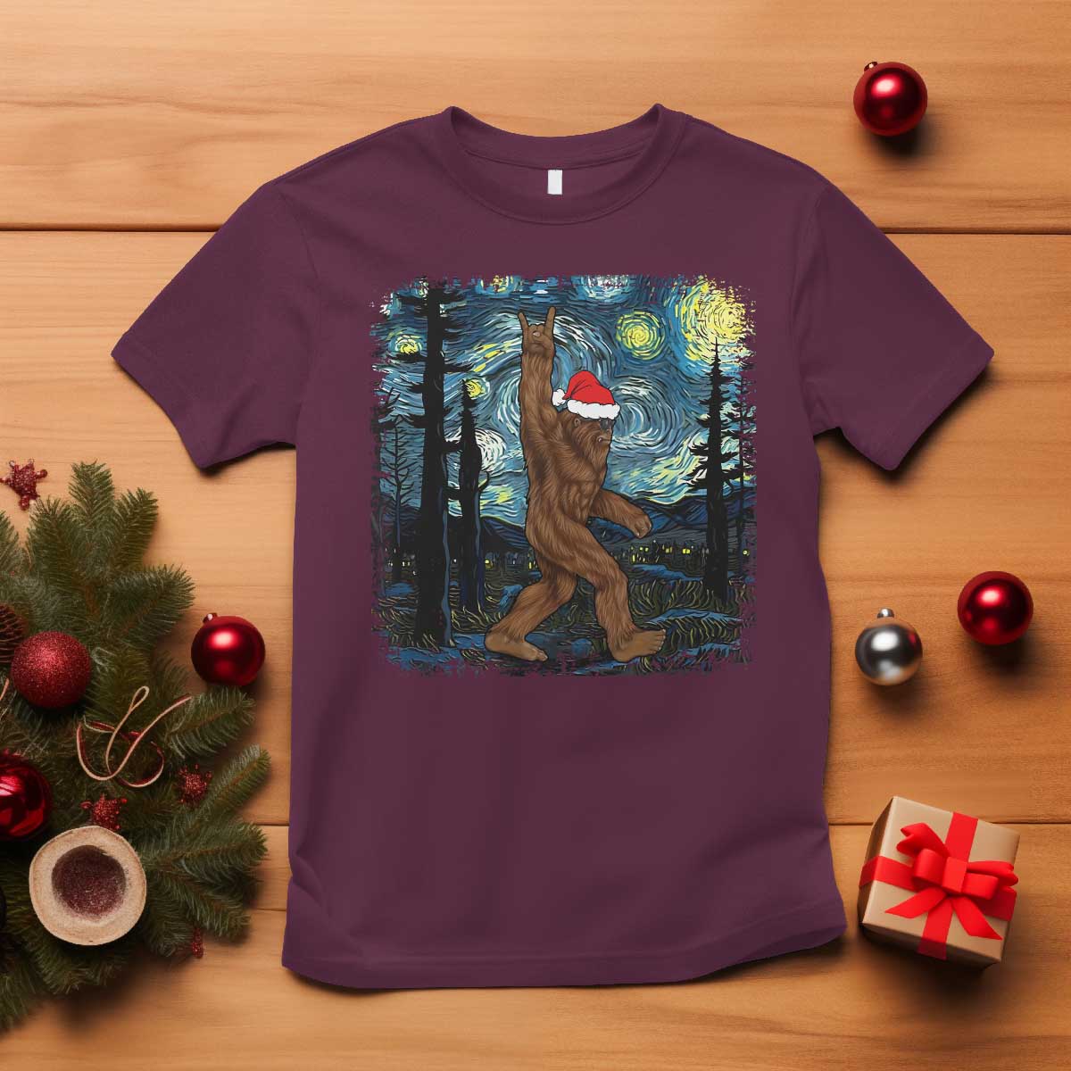 Christmas Bigfoot Starry Night T Shirt Sasquatch Santa Hat Sasquatch Van Gogh Sky Painting Art - Wonder Print Shop