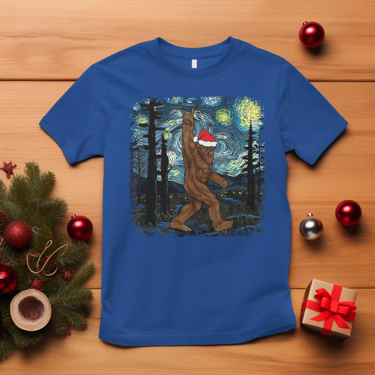 Christmas Bigfoot Starry Night T Shirt Sasquatch Santa Hat Sasquatch Van Gogh Sky Painting Art - Wonder Print Shop