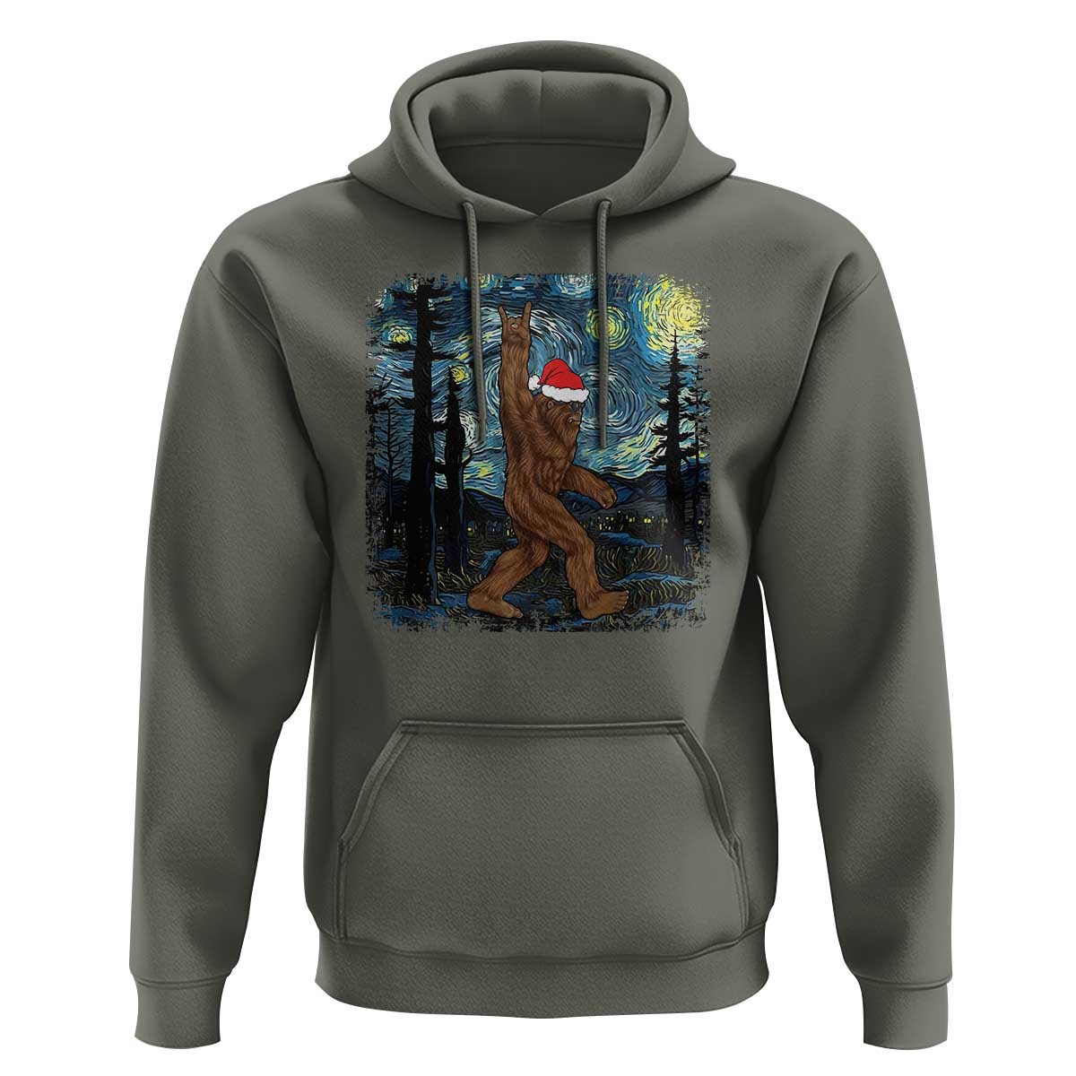 Christmas Bigfoot Starry Night Hoodie Sasquatch Santa Hat Sasquatch Van Gogh Sky Painting Art