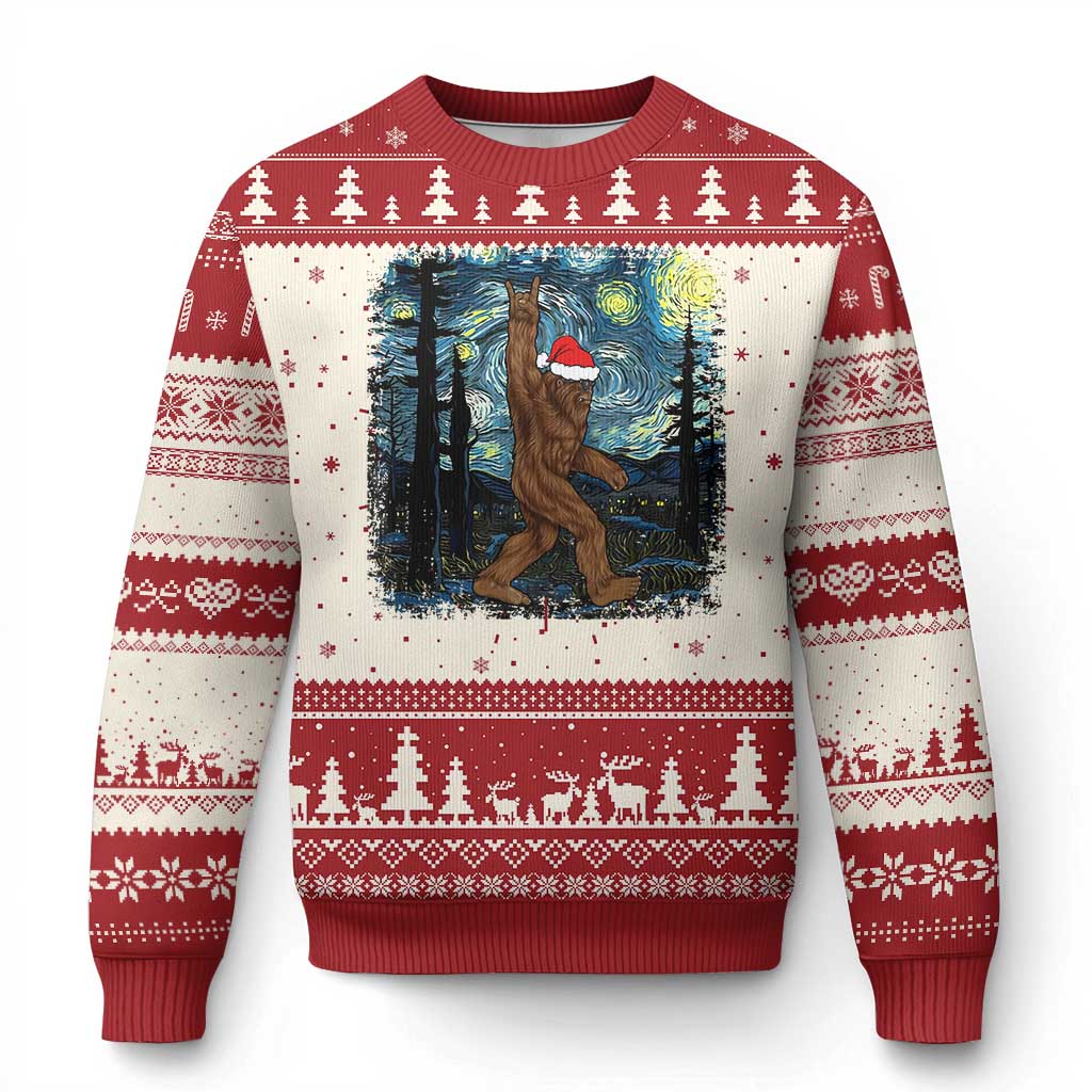 Bigfoot Starry Night Ugly Christmas Sweater Sasquatch Santa Hat Sasquatch Van Gogh Sky Painting Art Xmas Gift - Wonder Print Shop