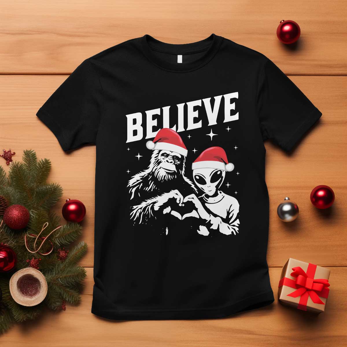 Alien And Bigfoot Christmas T Shirt - Wonder Print Shop