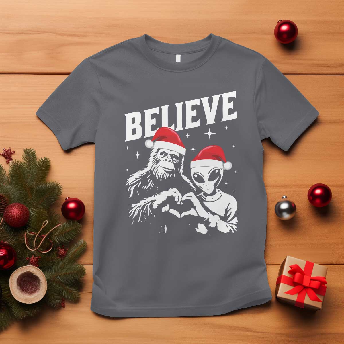 Alien And Bigfoot Christmas T Shirt - Wonder Print Shop