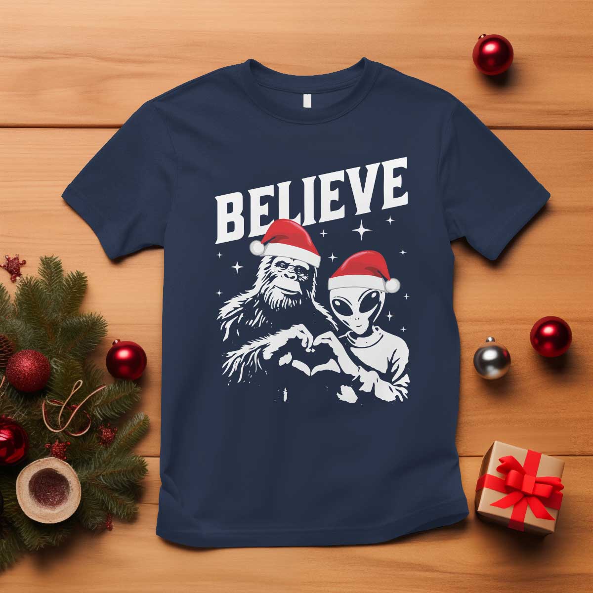 Alien And Bigfoot Christmas T Shirt - Wonder Print Shop