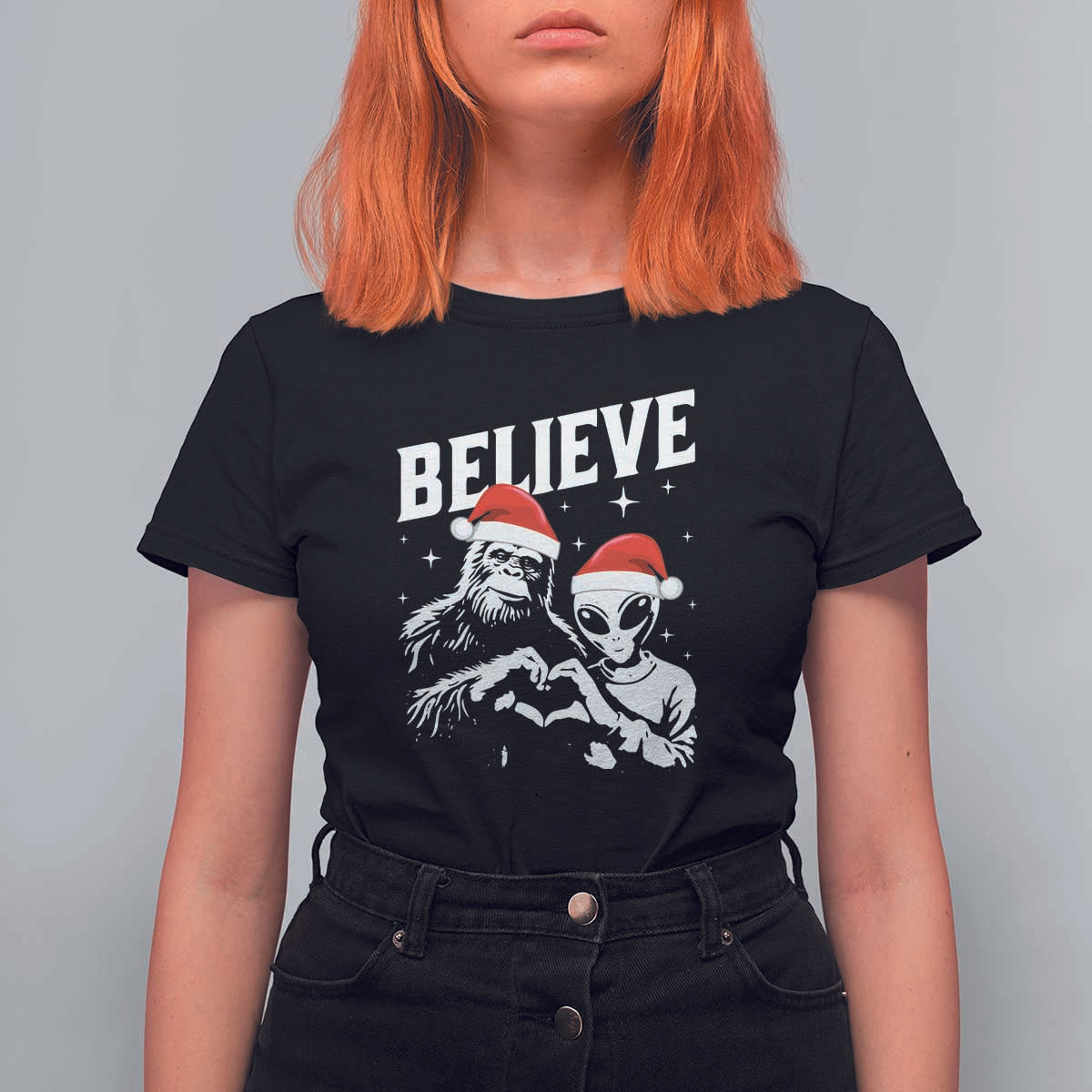Alien And Bigfoot Christmas T Shirt For Women - Wonder Print Shop